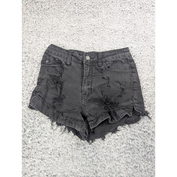 Kancan Shorts Womens 3 Black Denim Distressed Normcore Casual Stretch High Rise - Picture 2 of 9